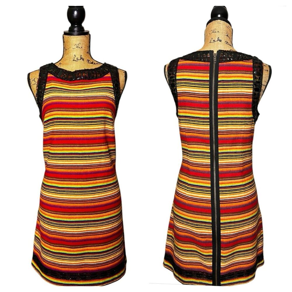 FREE PEOPLE DRESS NEW ROMANTICS ORANGE STRIPED EMBELLISHED NECKLINE SHEATH 10